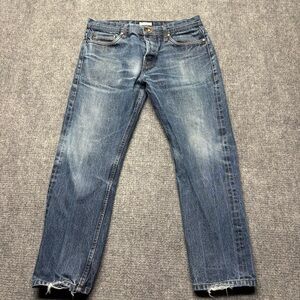 Unbranded Brand Jeans Mens 34x28 Blue Selvedge Whiskered Distressed Button Fly